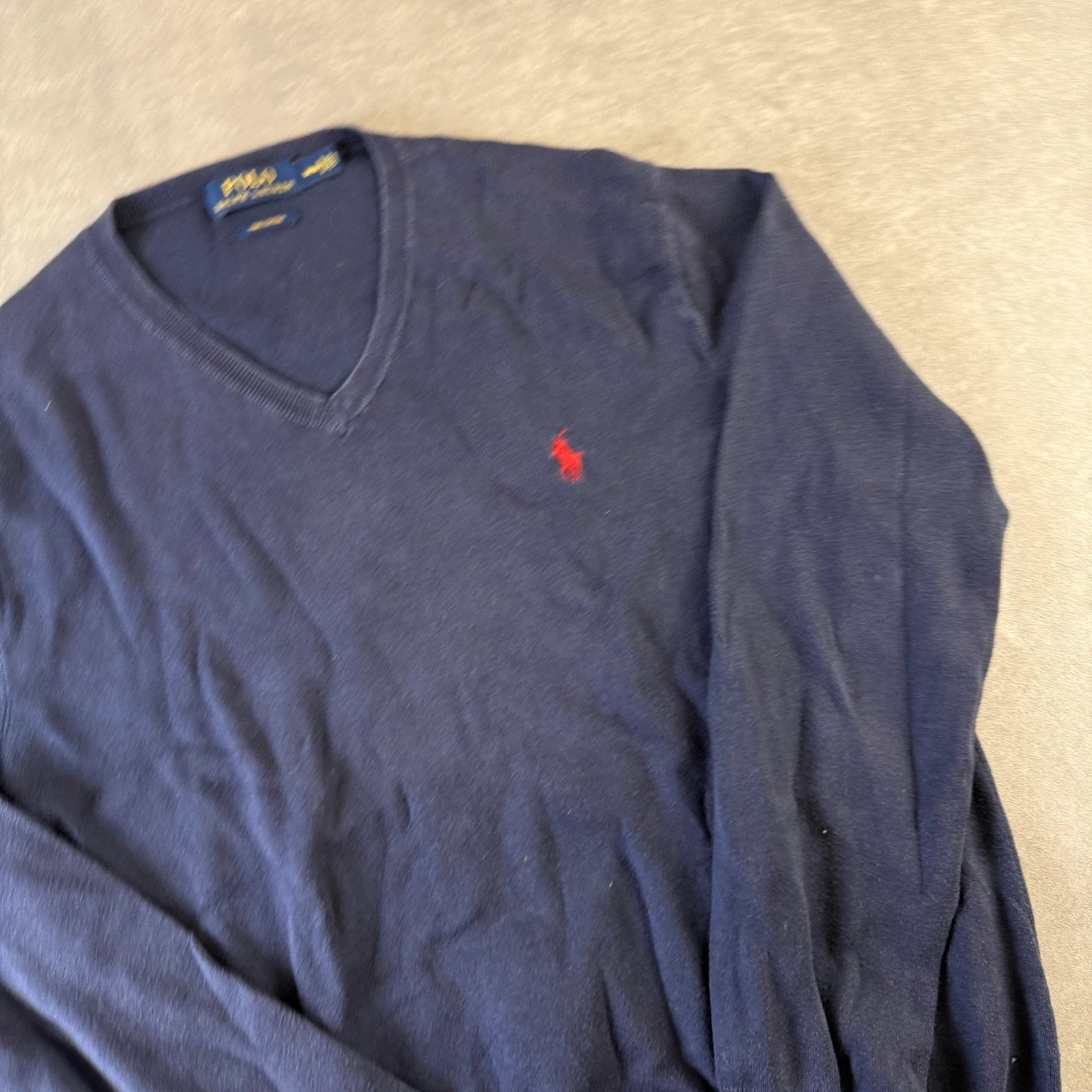 Polo Ralph Lauren Navy V Neck Pima Cotton Sweater Medium Red Pony Logo Vintage Preppy Streetwear