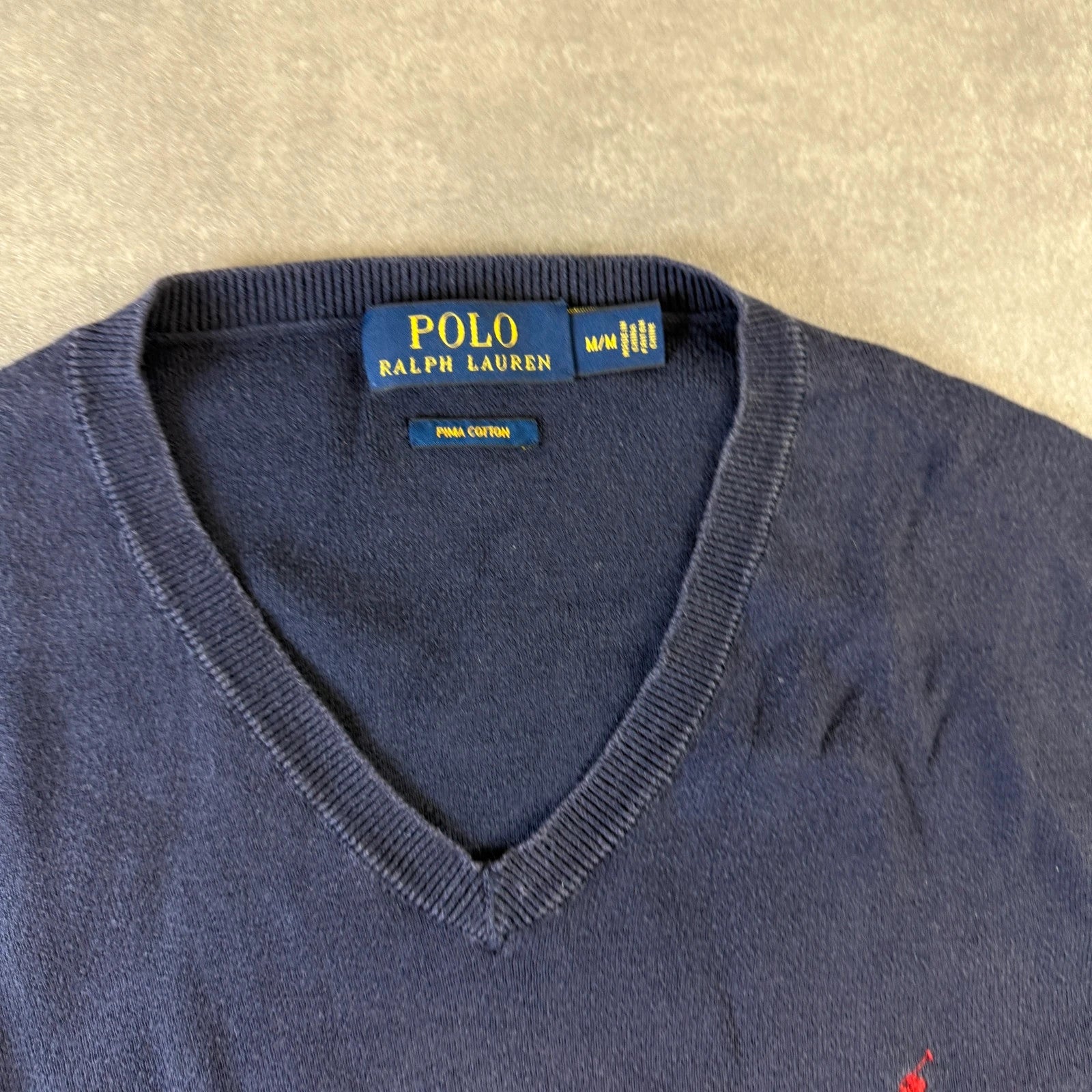 Polo Ralph Lauren Navy V Neck Pima Cotton Sweater Medium Red Pony Logo Vintage Preppy Streetwear