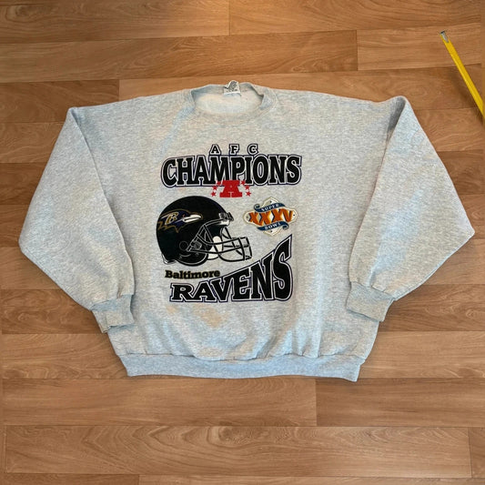 Baltimore Ravens Grey AFC Champions super Bowl XXXV Graphic Vintage Sweatshirt Crewneck Mens