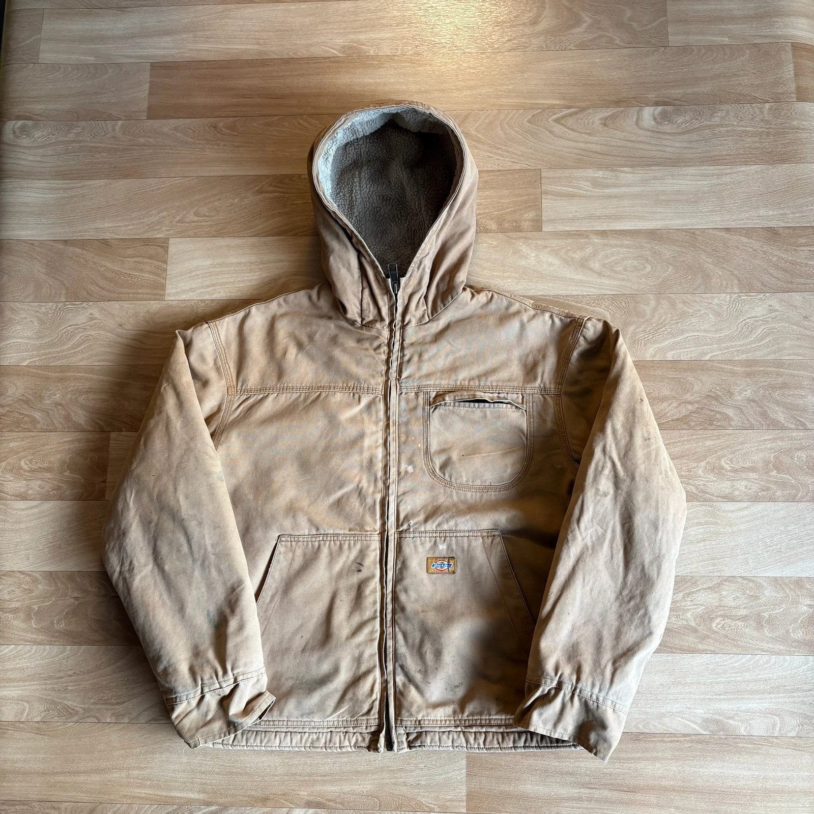 Dickies Tan Duck Canvas Sherpa Lined Hood Zip Up Workwear Jacket Vintage Distressed Mens