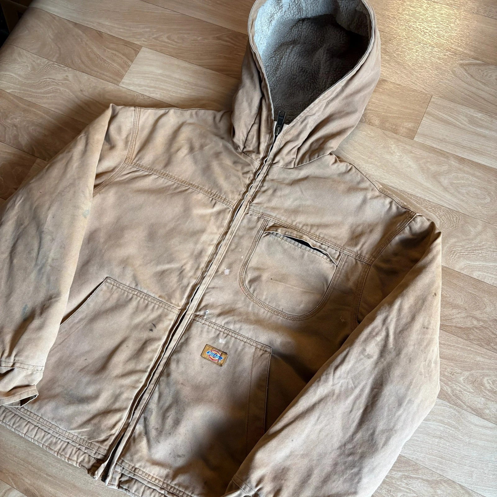 Dickies Tan Duck Canvas Sherpa Lined Hood Zip Up Workwear Jacket Vintage Distressed Mens