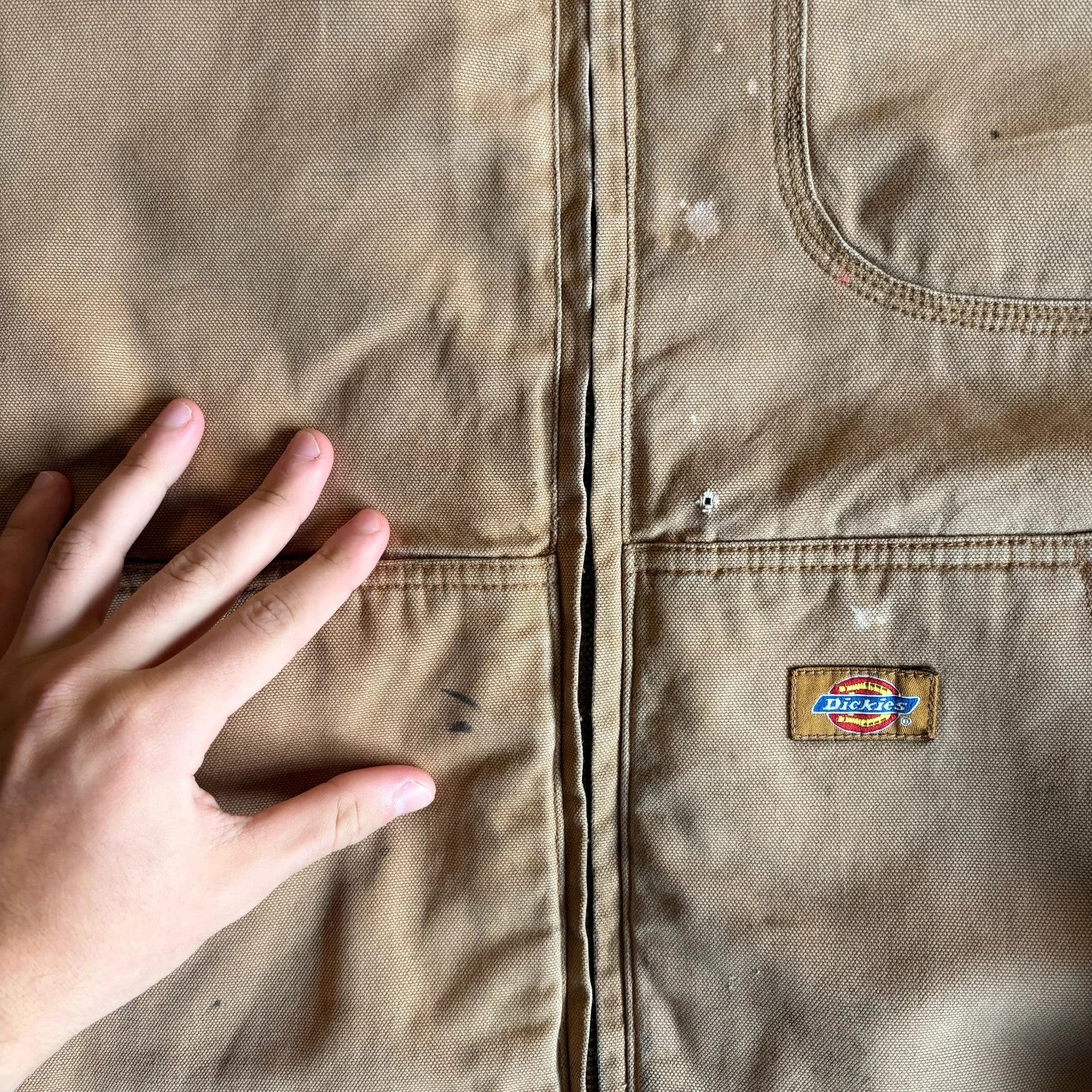 Dickies Tan Duck Canvas Sherpa Lined Hood Zip Up Workwear Jacket Vintage Distressed Mens