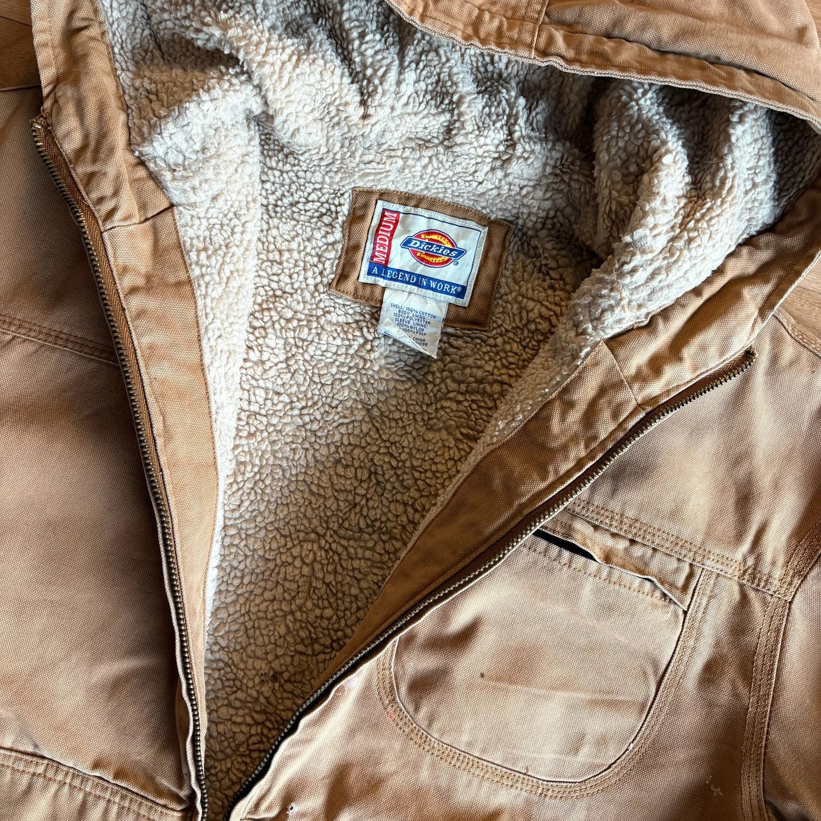 Dickies Tan Duck Canvas Sherpa Lined Hood Zip Up Workwear Jacket Vintage Distressed Mens
