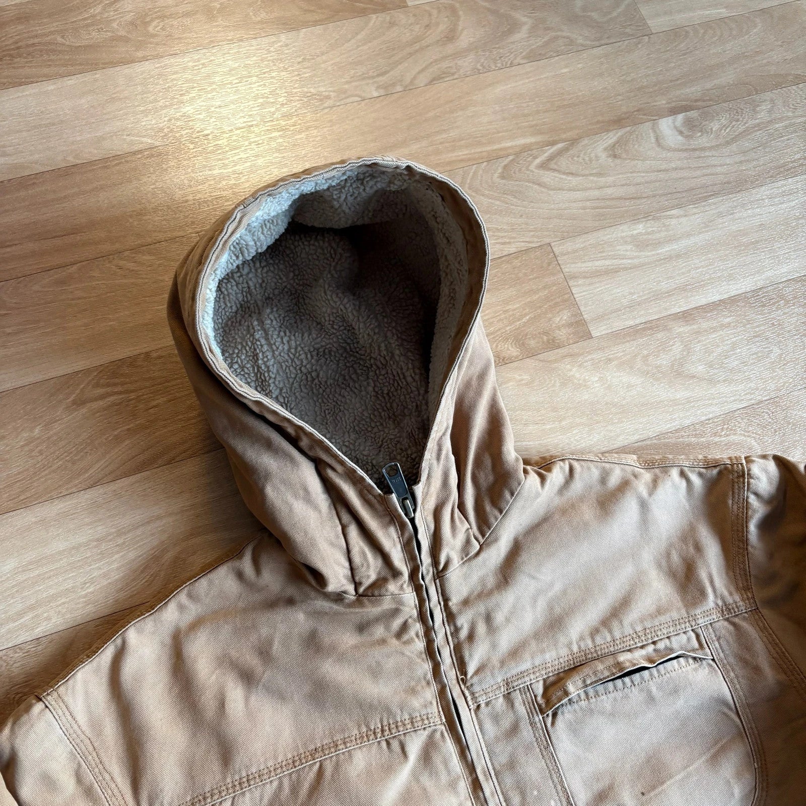 Dickies Tan Duck Canvas Sherpa Lined Hood Zip Up Workwear Jacket Vintage Distressed Mens
