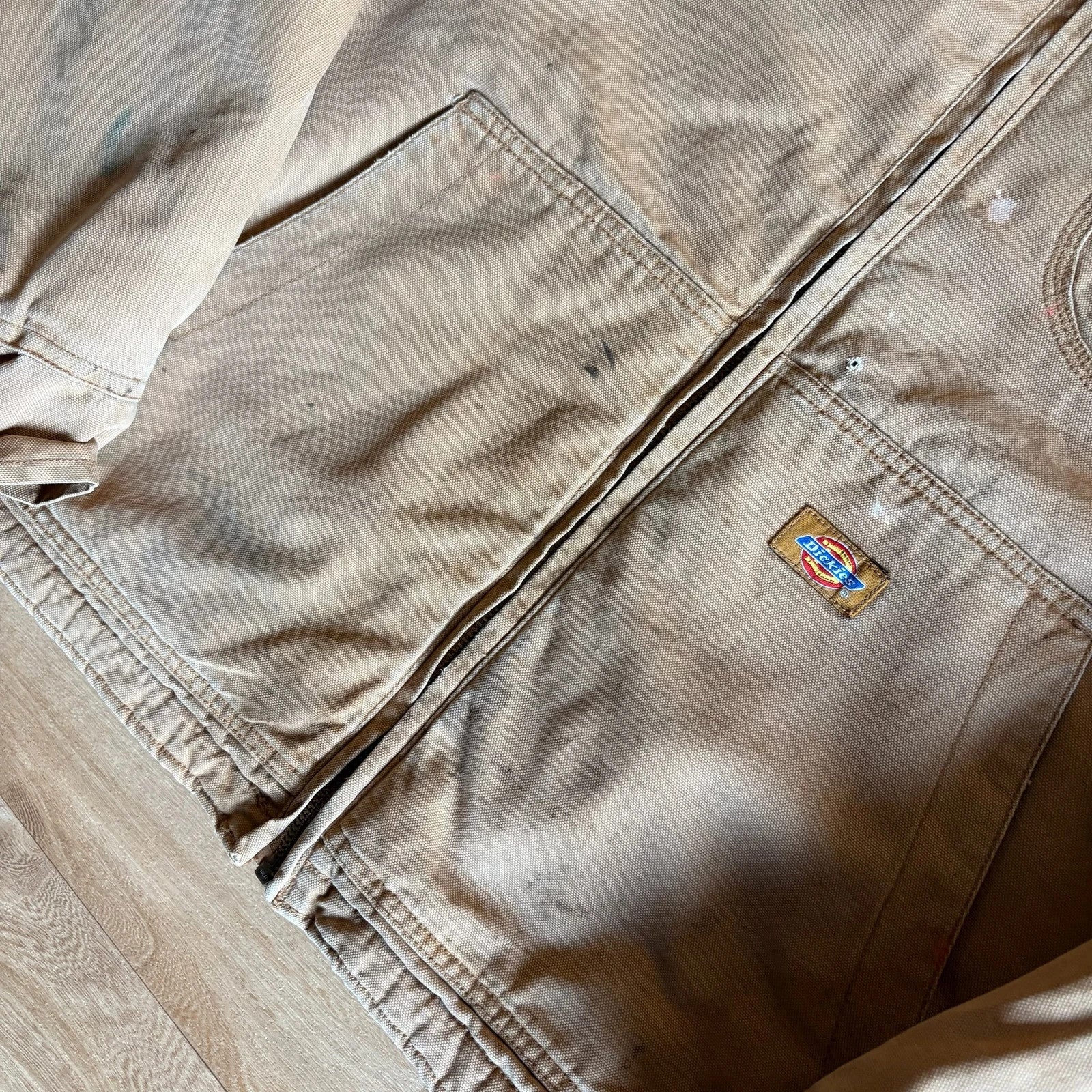 Dickies Tan Duck Canvas Sherpa Lined Hood Zip Up Workwear Jacket Vintage Distressed Mens