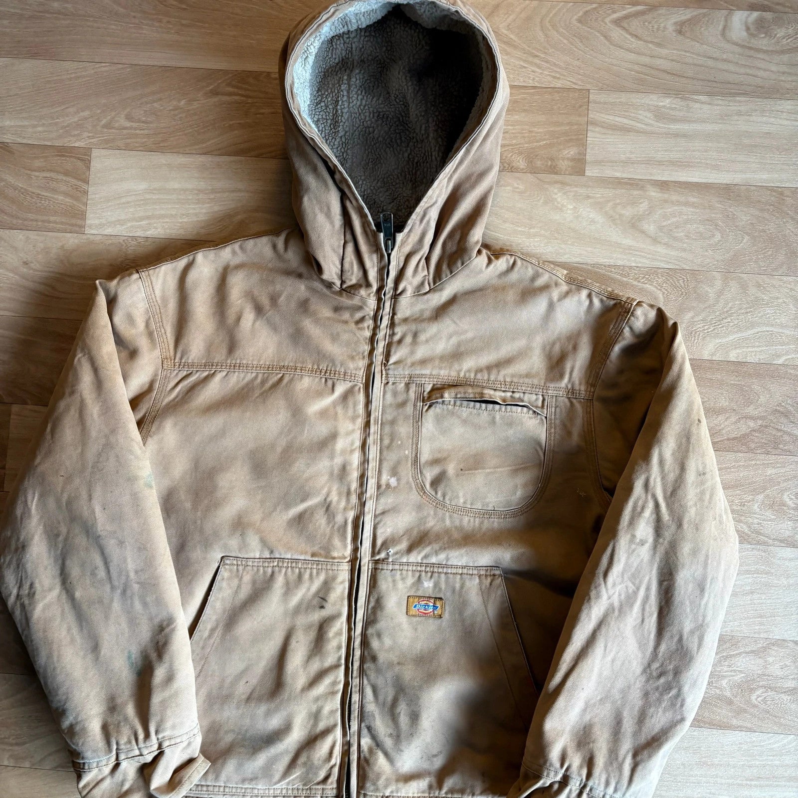 Dickies Tan Duck Canvas Sherpa Lined Hood Zip Up Workwear Jacket Vintage Distressed Mens