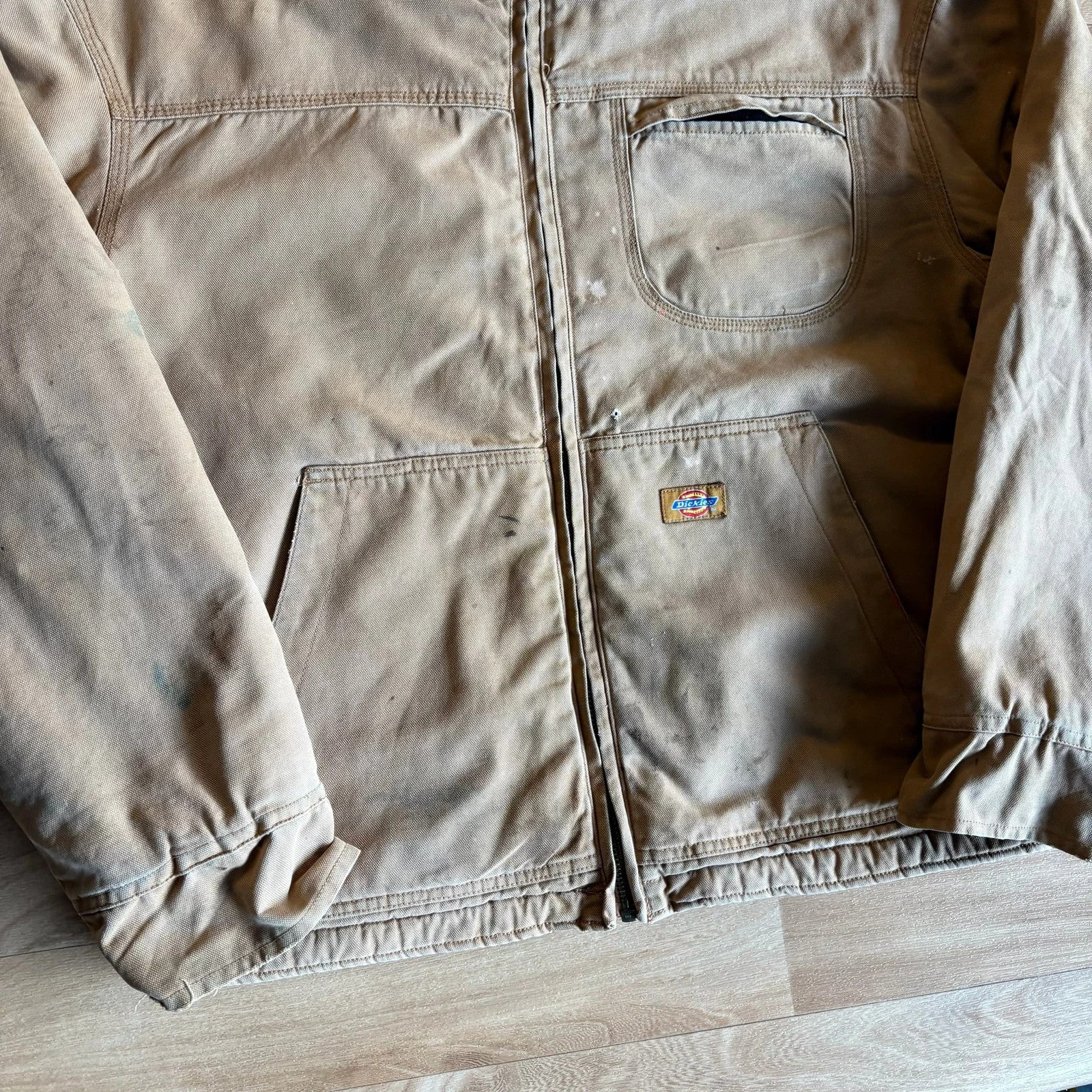 Dickies Tan Duck Canvas Sherpa Lined Hood Zip Up Workwear Jacket Vintage Distressed Mens