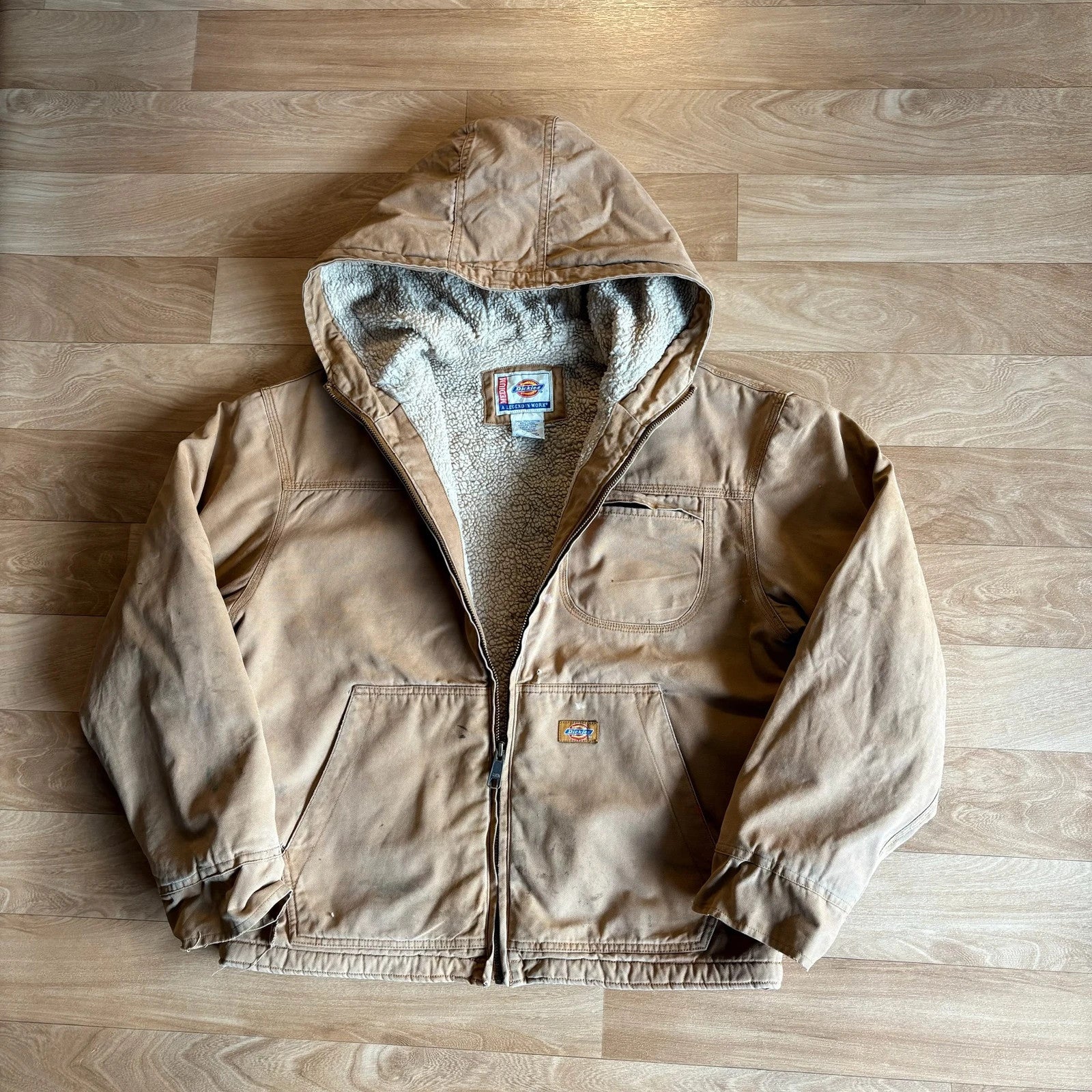 Dickies Tan Duck Canvas Sherpa Lined Hood Zip Up Workwear Jacket Vintage Distressed Mens