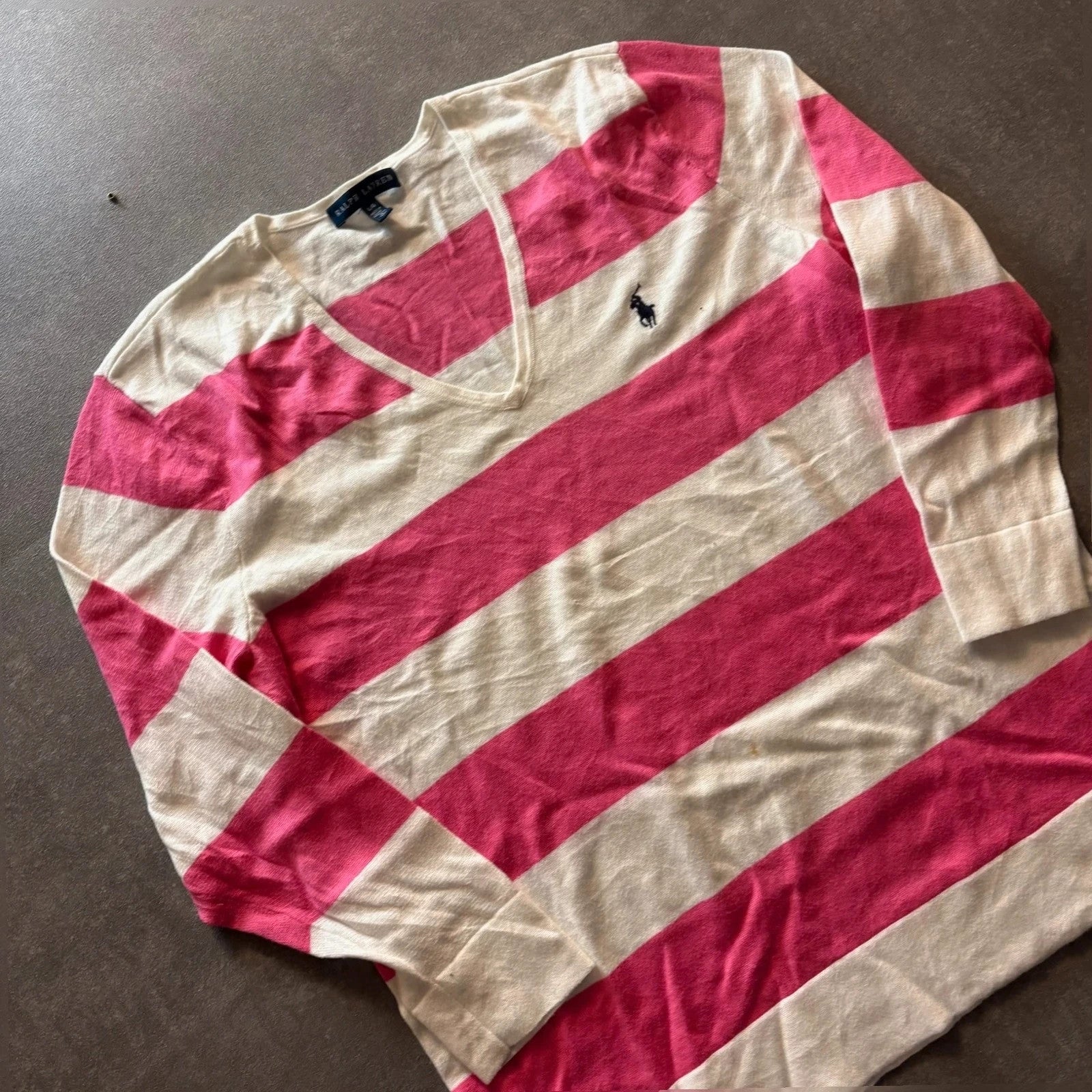 Ralph Lauren Pink Cream Striped V-Neck Long Sleeve Knit Sweater womens Large Pony