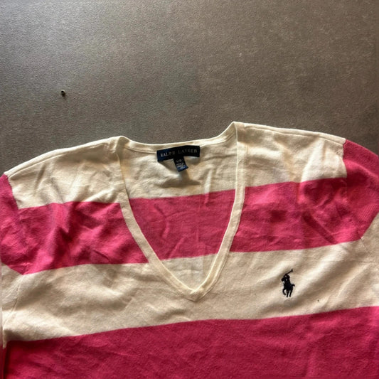 Ralph Lauren Pink Cream Striped V-Neck Long Sleeve Knit Sweater womens Large Pony