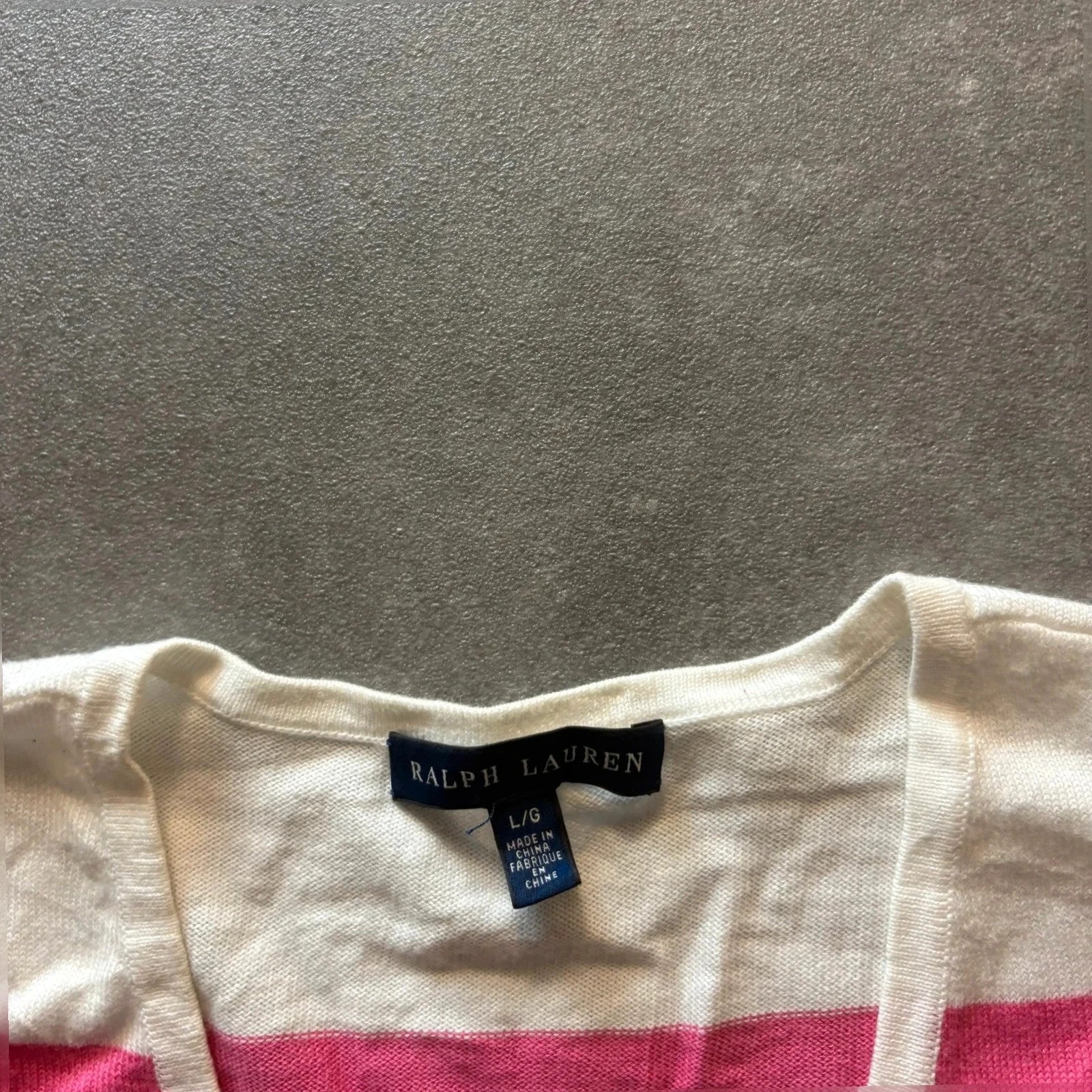 Ralph Lauren Pink Cream Striped V-Neck Long Sleeve Knit Sweater womens Large Pony