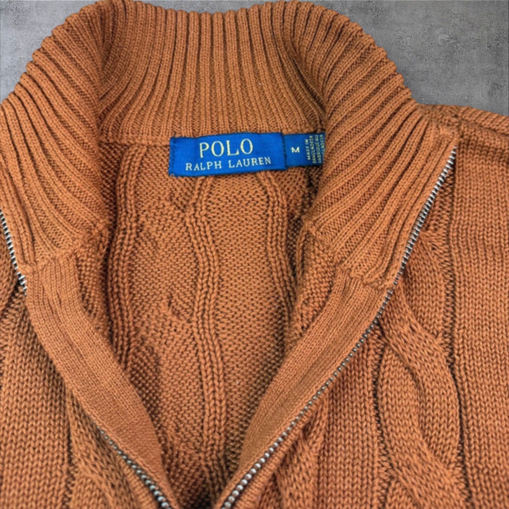 Polo Ralph Lauren ochre brown cable knit quarter zip sweater