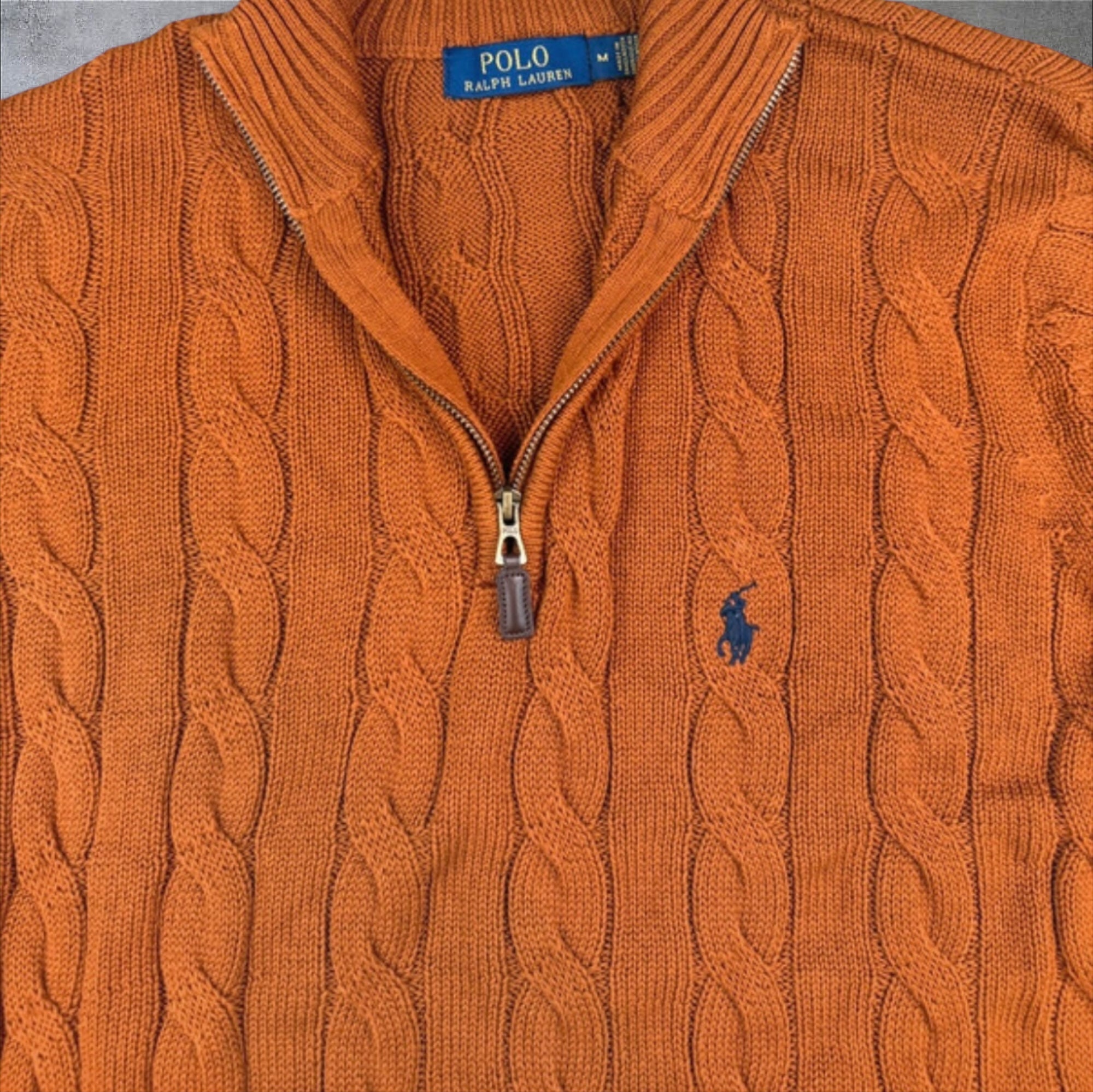 Polo Ralph Lauren ochre brown cable knit quarter zip sweater