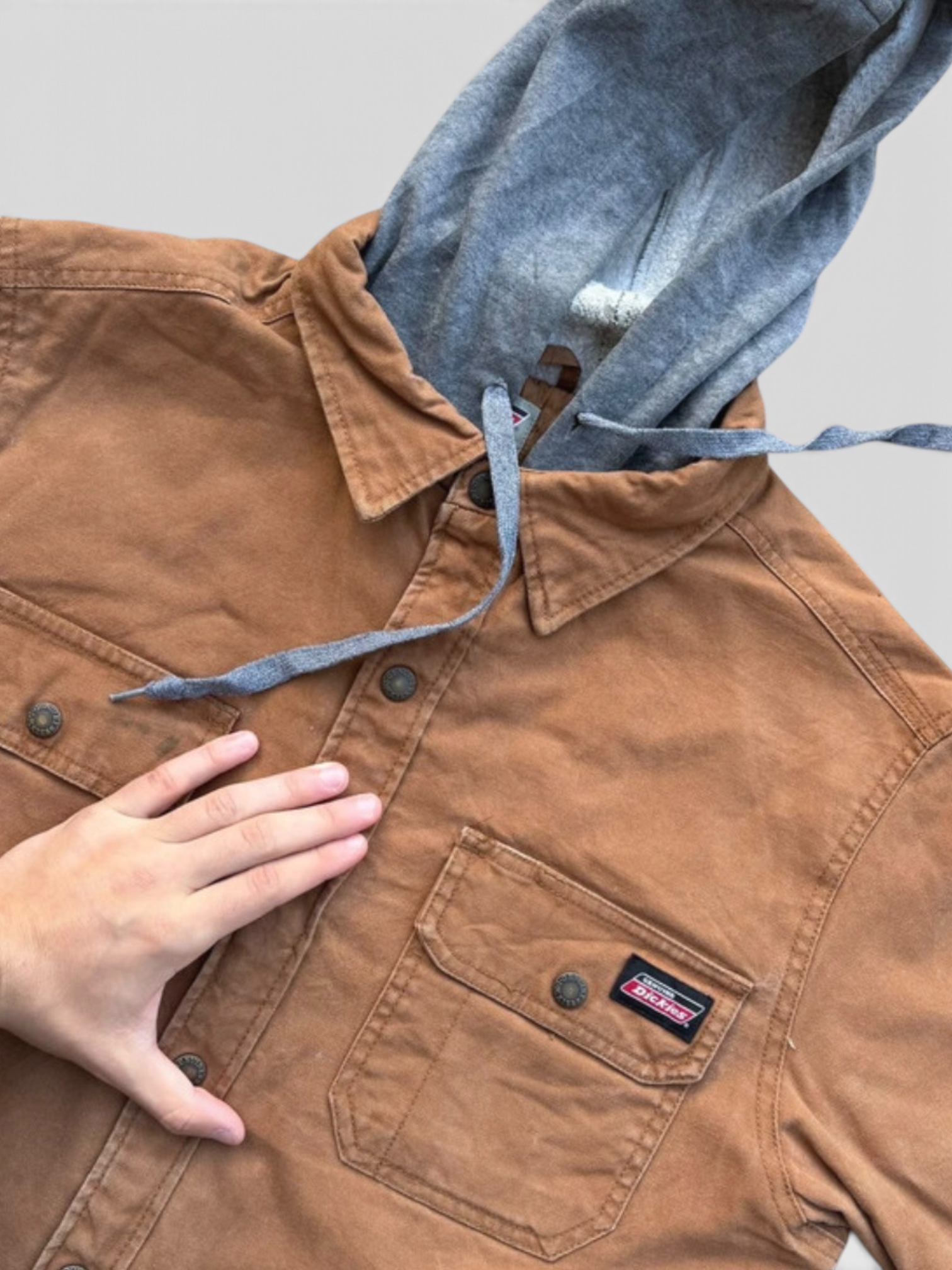 Dickies Heavyweight Duck Canvas Hooded Shirt Jacket in Brown, Snap Front, M
