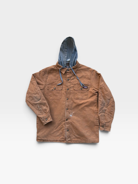 Dickies Heavyweight Duck Canvas Hooded Shirt Jacket in Brown, Snap Front, M