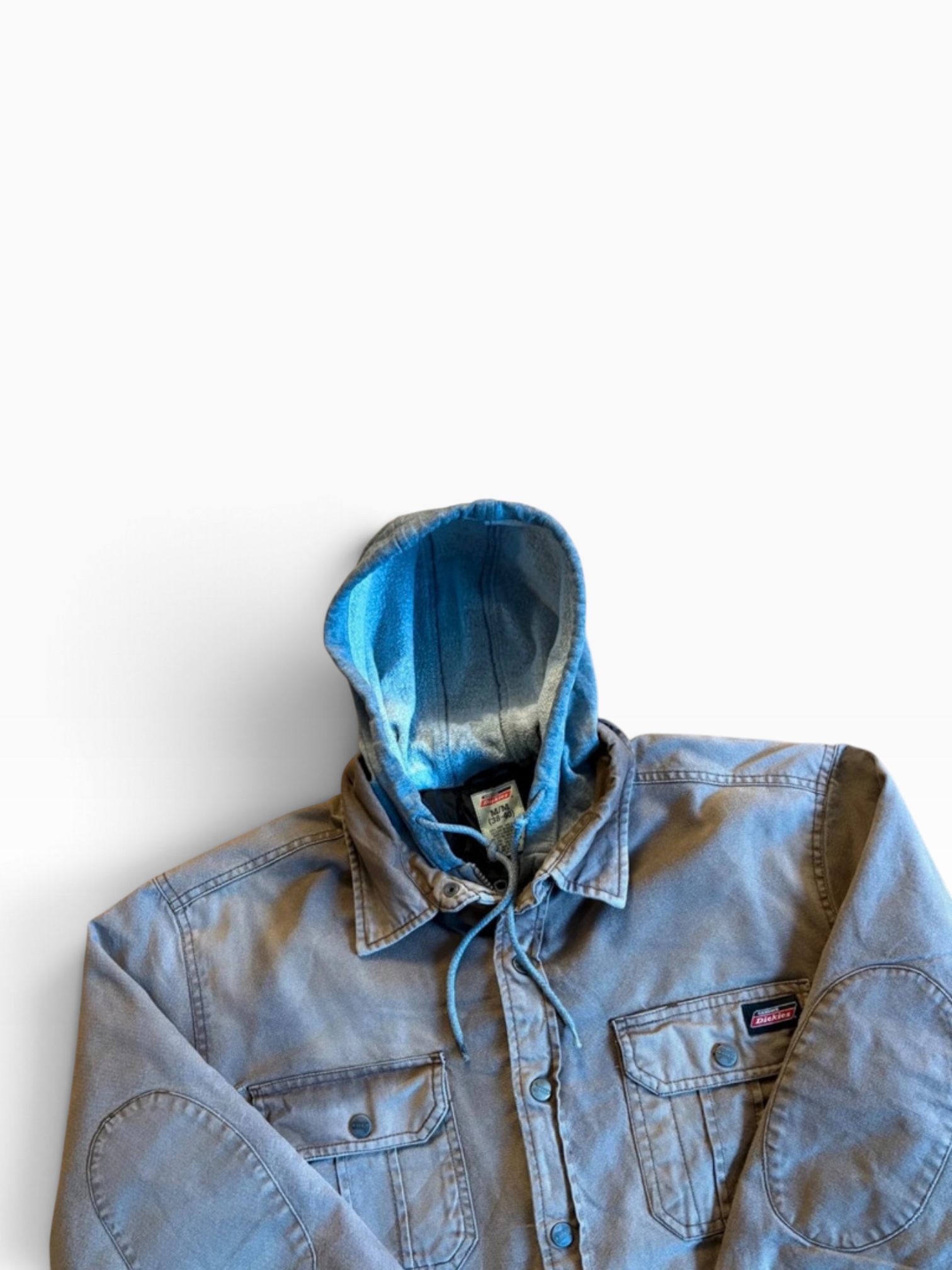 Vintage Dickies Thrashed Hooded Shirt Jacket in Washed Grey with Elbow Patches, M
