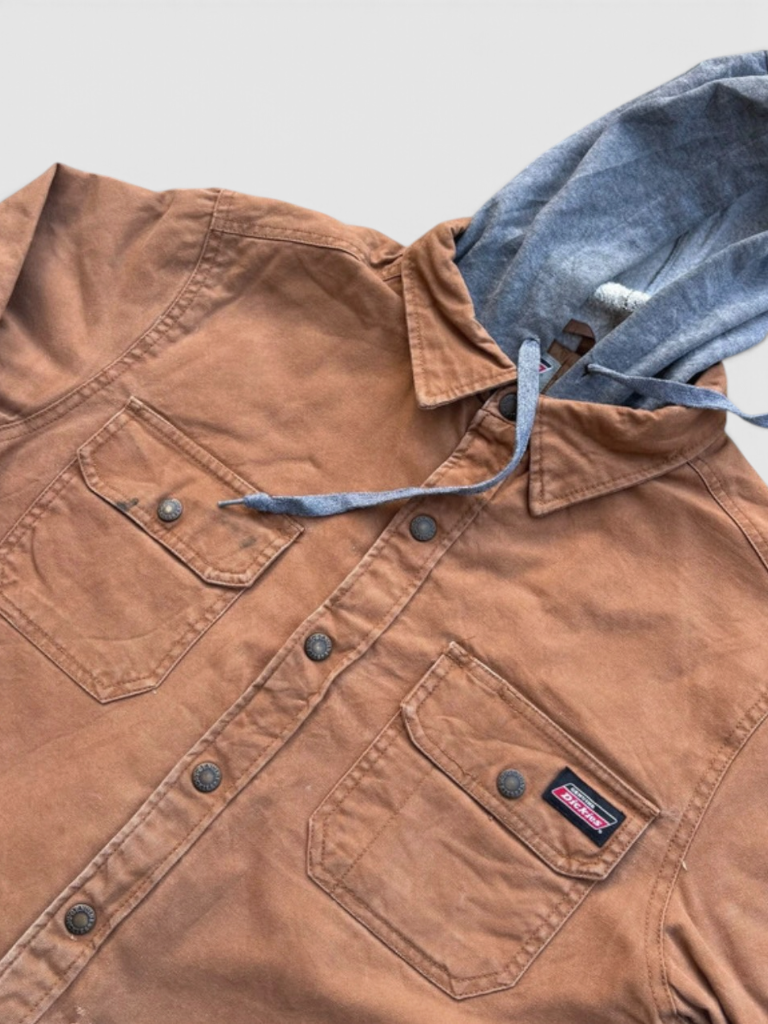 Dickies Heavyweight Duck Canvas Hooded Shirt Jacket in Brown, Snap Front, M
