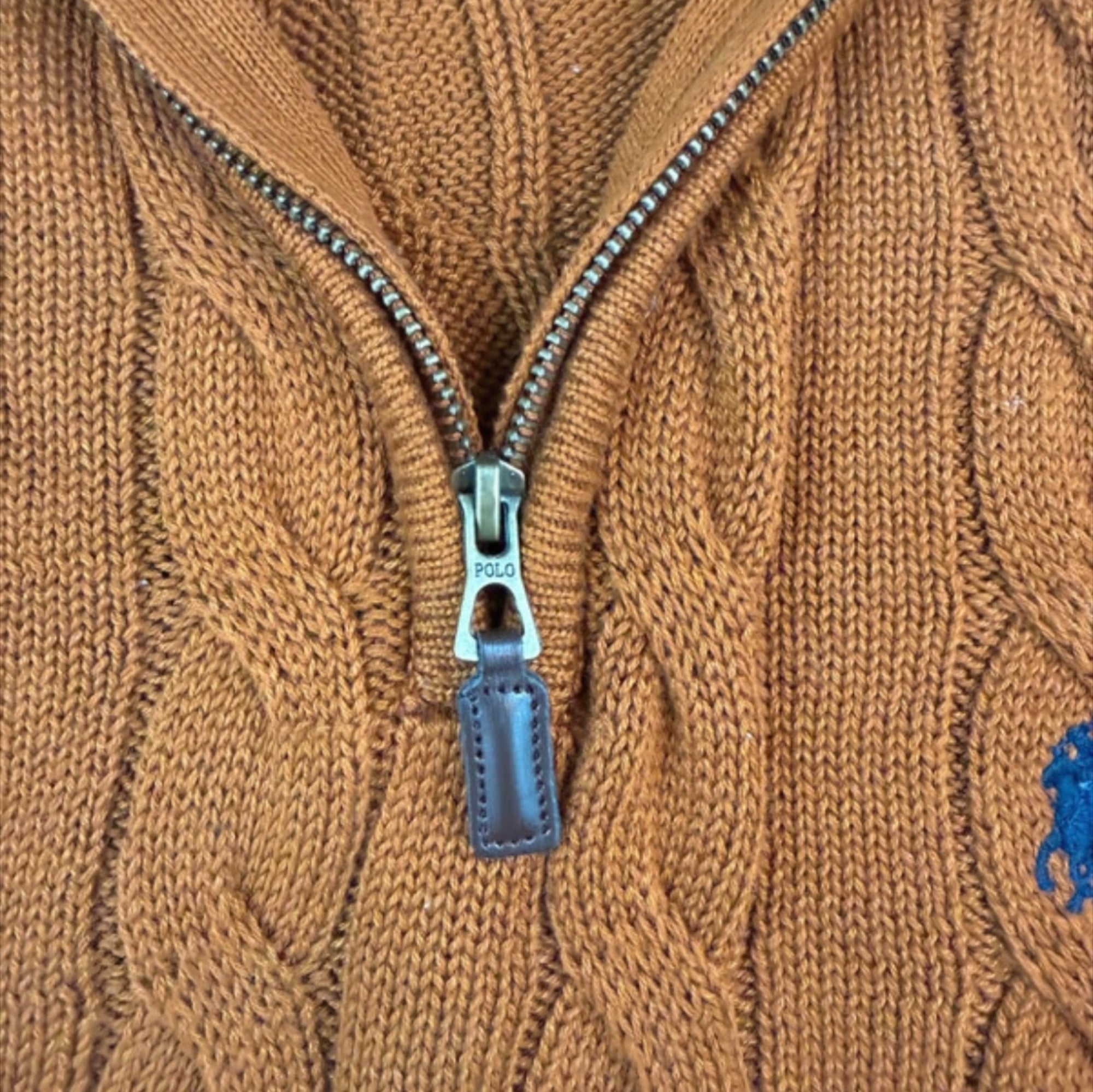 Polo Ralph Lauren ochre brown cable knit quarter zip sweater