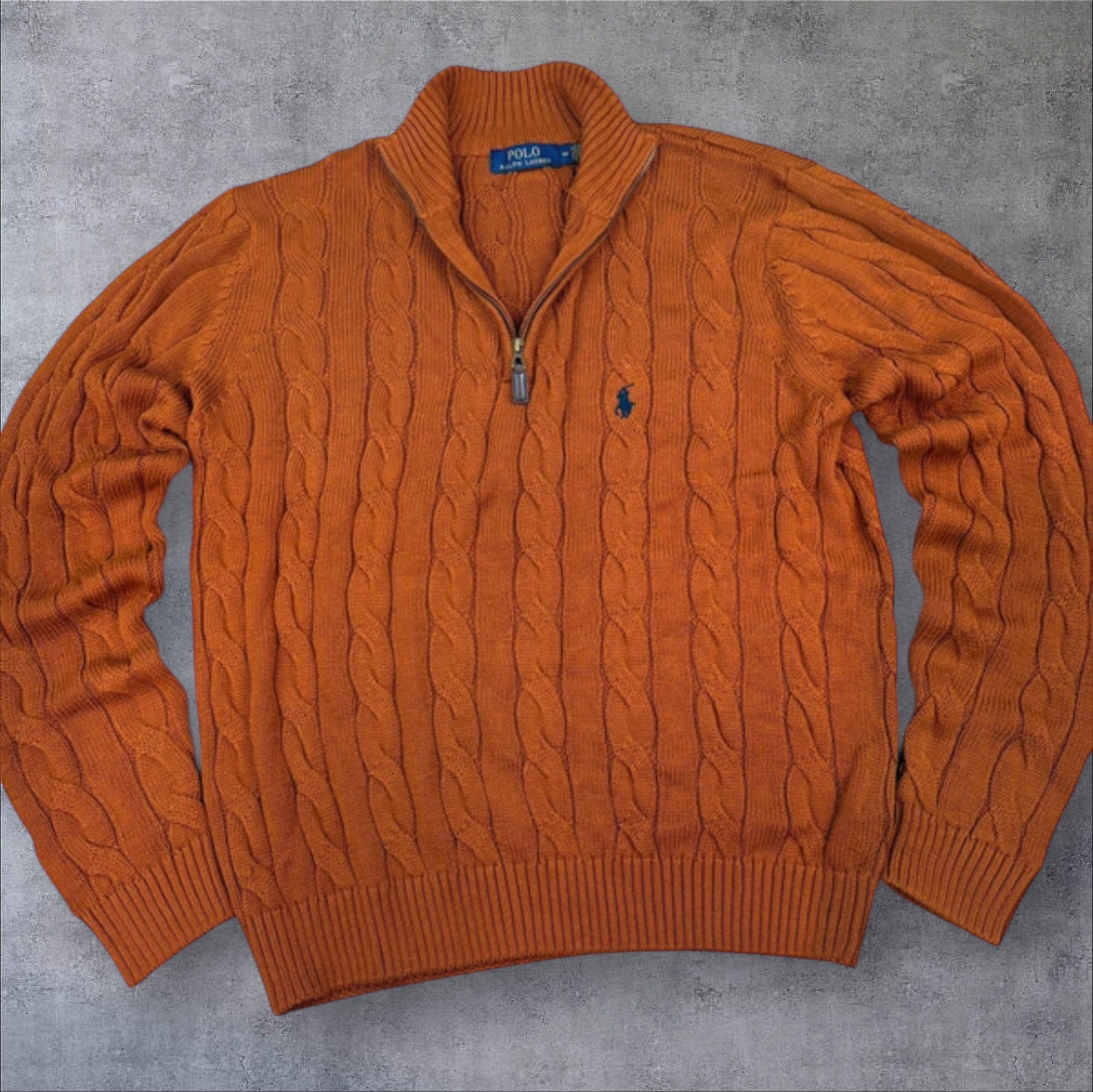 Polo Ralph Lauren ochre brown cable knit quarter zip sweater