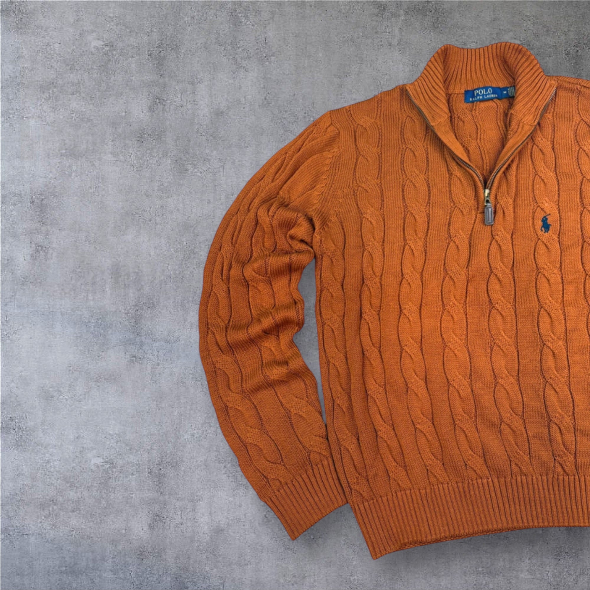Polo Ralph Lauren ochre brown cable knit quarter zip sweater