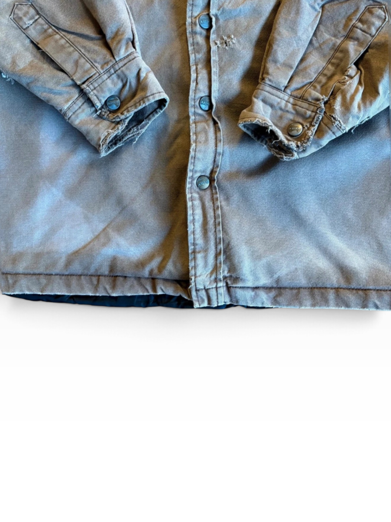 Vintage Dickies Thrashed Hooded Shirt Jacket in Washed Grey with Elbow Patches, M