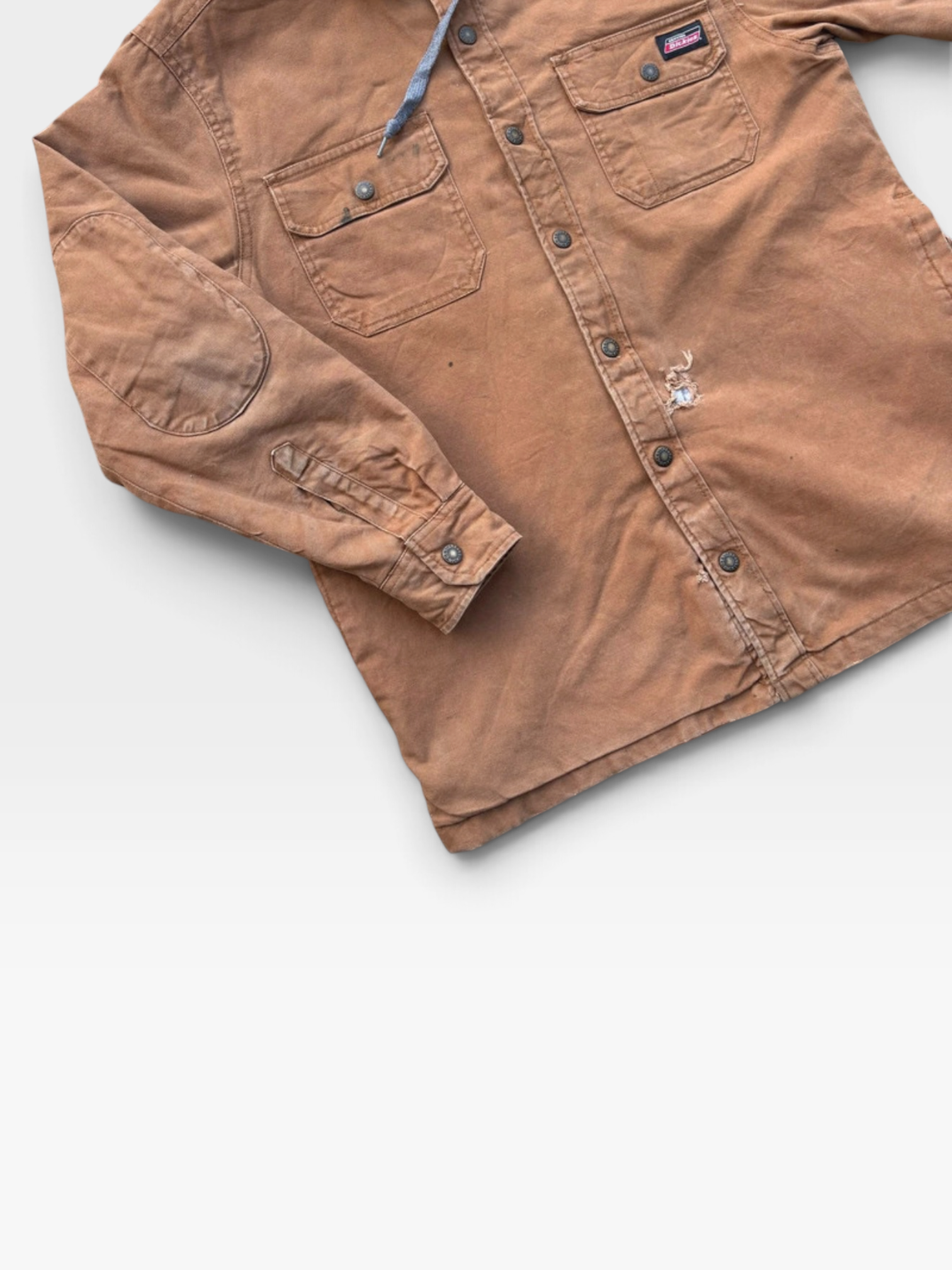 Dickies Heavyweight Duck Canvas Hooded Shirt Jacket in Brown, Snap Front, M