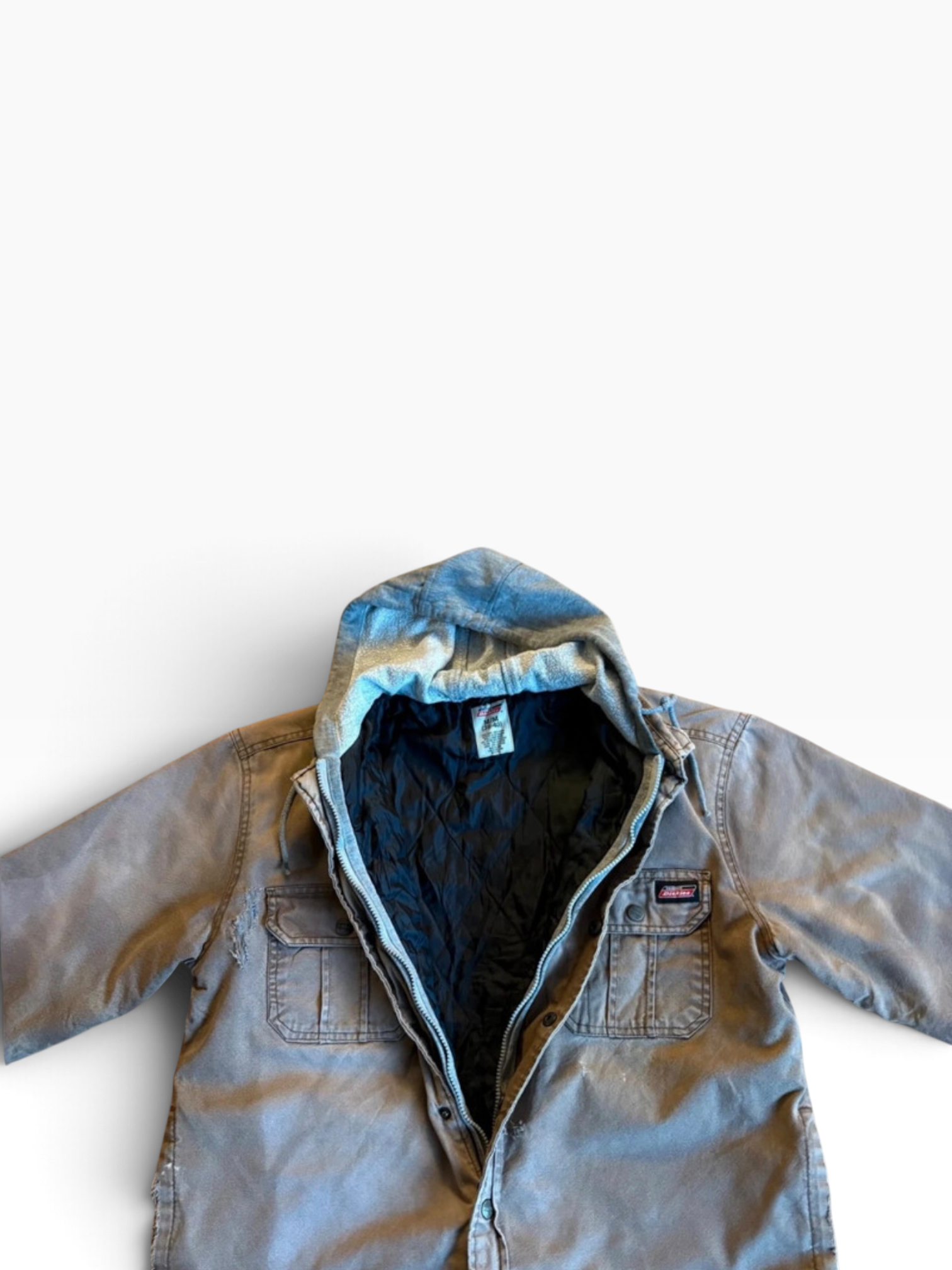 Vintage Dickies Thrashed Hooded Shirt Jacket in Washed Grey with Elbow Patches, M