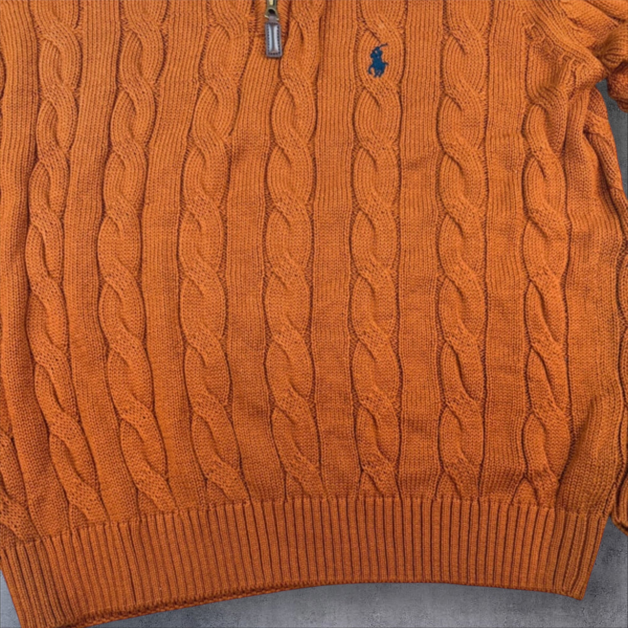 Polo Ralph Lauren ochre brown cable knit quarter zip sweater